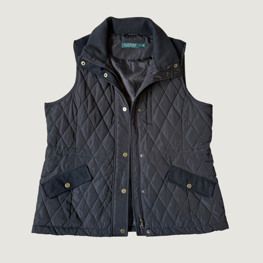 Lauren Ralph Lauren Black Quilted Vest Gold Hardware Faux Suede Trim Large